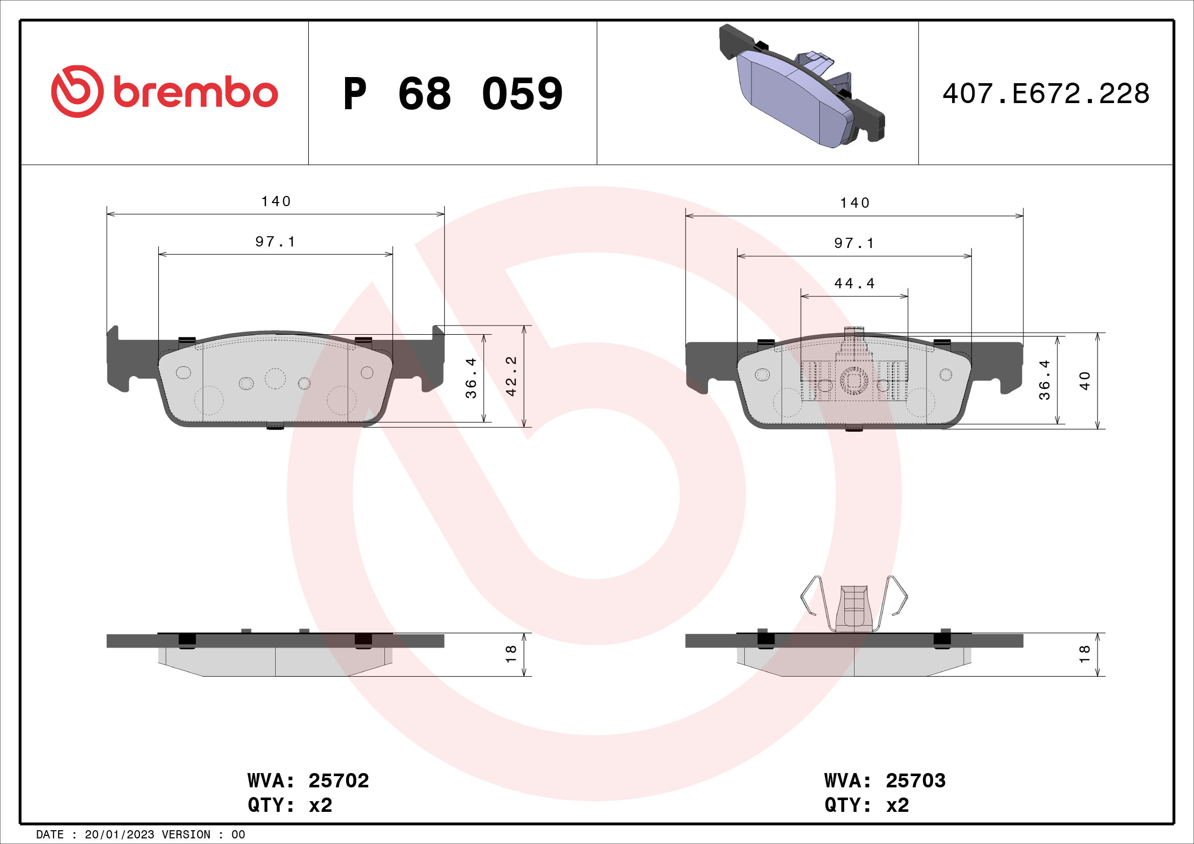 Σετ τακάκια εμπρός BREMBO P 68 059. RENAULT IV 0.9–1.5 L 2012–2024, Thalia 1.2–1.6 L 2012–2024. DACIA Sandero II 0.9–1.5 L 2012–2024, Logan II / MCV II 0.9–1.5 L 2012–2024. SMART Fortwo (453) 0.8–1.0 L – 2014–2022 - Image 2